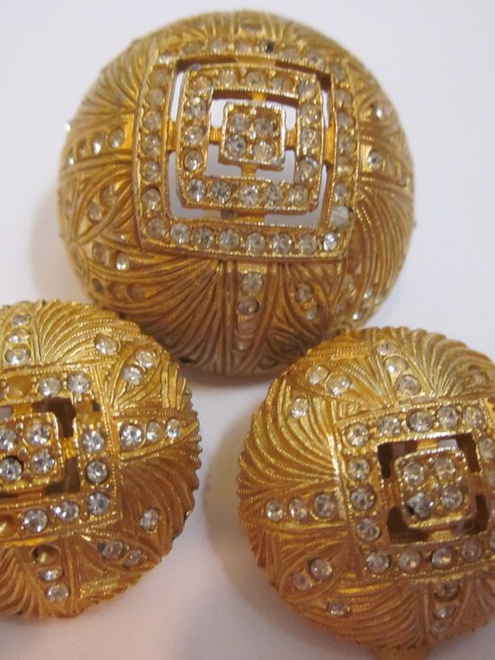 Jewelry - Gold Tone Rhinestone Set, Brooch & ClipEarrings